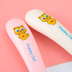 Cute baby cutlery set with yellow cat print, stainless steel spoon and fork for kids.