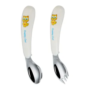 304 stainless steel baby fork and spoon set cute cartoon toddler feeding tableware kit