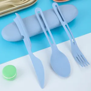 Portable Wheat Straw Tableware Set With Box Fork Spoon Knife Eco Friendly Reusable Travel Cutlery Set For Kids Adult