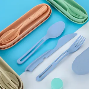 Portable wheat straw cutlery set with box, eco-friendly reusable spoon fork knife for outdoor.