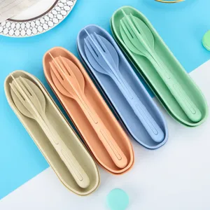 Portable wheat straw tableware set with fork and spoon, eco-friendly kitchenware.