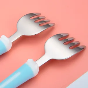 Stainless steel kids fork spoon set, cute toddler tableware with blue handles for daily feeding.
