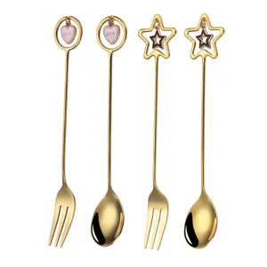 Gold long handle dessert spoon fork set creative heart star pendant stainless steel tableware 4pcs