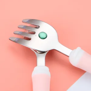 Stainless steel kids fork and spoon set with cute pink handles for baby feeding and toddler use.