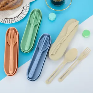 Wheat straw portable tableware set with case, reusable fork spoon knife for outdoor picnic.