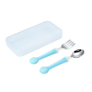 Portable baby stainless steel fork spoon set with storage box cute blue lollipop children tableware