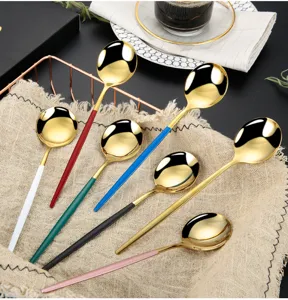 Portuguese style 304 stainless steel round spoon set with colorful handles, gold tableware.