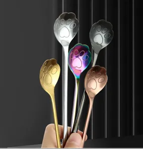 Stainless steel cat claw spoon, cute coffee spoon and dessert stirring spoon with long handle.