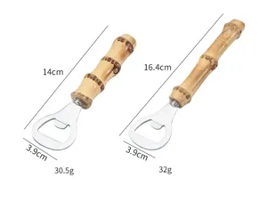 Natural bamboo handle bottle opener detail showing dimensions, portable beer tool for kitchen.