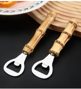 Natural bamboo handle bottle opener, portable stainless steel beer opener for kitchen and bar.