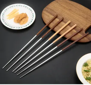 304 stainless steel long chopsticks with wooden handles, heat-resistant kitchen tools.