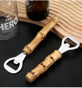 Natural bamboo handle bottle opener, durable stainless steel beer opener for home restaurant bar use.