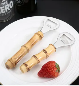 Bamboo handled bottle opener detail, stainless steel metal cap lifter for home kitchen use.