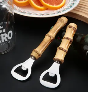 Natural bamboo handle bottle opener stainless steel beer opener portable kitchen bar tool