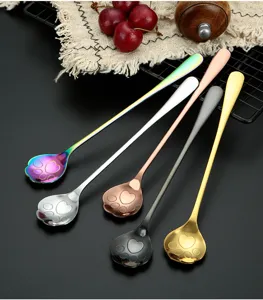 Detailed view of long handle stainless steel cat paw spoons, cute design for coffee and dessert.