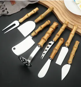 Natural bamboo handle stainless steel cheese knife butter knife and potato masher kitchen tool set