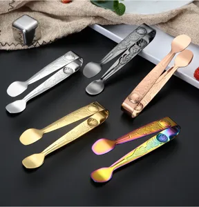Stainless steel rose pattern sugar ice tongs set, multi-color bar food clip kitchen tool.