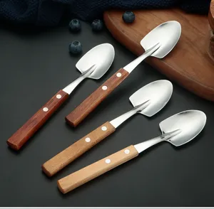 Stainless steel shovel spoon set with wooden handle creative dessert fruit ice cream spoon detail