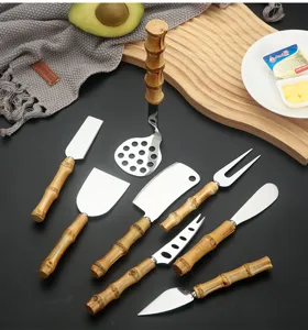Stainless steel kitchen tools set with natural bamboo handle, cheese knife and potato masher.