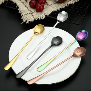 Stainless steel cat paw coffee spoon set, cute long handle stirring spoon for desserts.