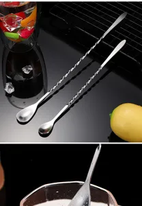 Stainless steel long bar spoon detail view, spiral handle cocktail mixing spoon for drinks.