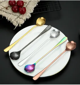 Stainless steel cat paw stirring spoons, long handle design, perfect for coffee and dessert.