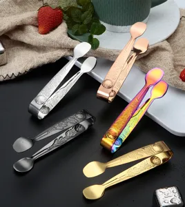 Stainless steel sugar tongs with retro rose pattern, durable ice clip and bar kitchen tool.
