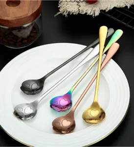 Stainless steel cat paw stirring spoon detailed view, long handle dessert spoon coffee scoop.