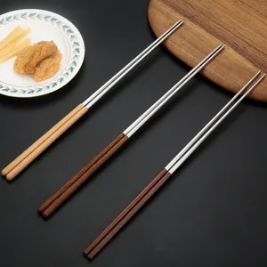 Long 45cm stainless steel frying chopsticks with wooden handle, heat resistant kitchen tool.