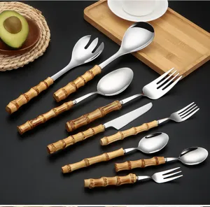 Stainless steel flatware set with bamboo handle fork knife spoon kitchen tableware