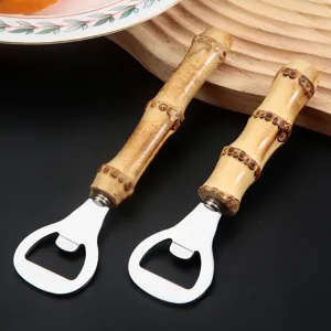 Natural bamboo handle beer bottle opener, stainless steel dual pack bottle opener tool for home
