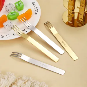 Stainless steel fruit fork set, square handle dessert cake forks for home kitchen dining use.