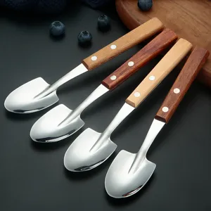 Stainless Steel Shovel Spoon Wooden Handle Dessert Spoon Creative Ice Cream Watermelon Spoon Tableware Dining Kitchen Tool