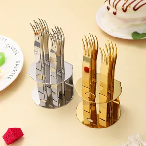 Stainless steel fruit fork set with storage stand, cute dessert forks for home party use.