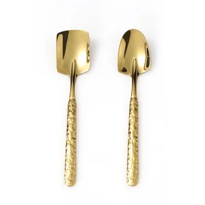 Gold stainless steel shovel spoons, unique stone texture handle dessert fruit spoon set.