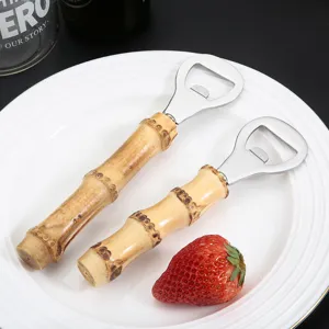 Natural bamboo handle bottle opener, portable stainless steel beer bottle opener for kitchen and bar.