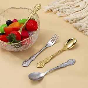 Vintage stainless steel spoons and fruit fork set, exquisite embossed palace style tableware.