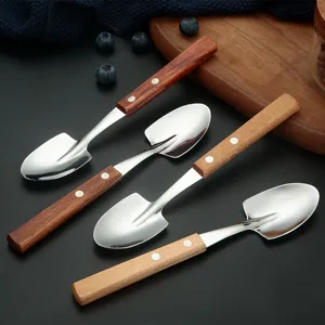 Stainless steel shovel spoons with wooden handle creative dessert watermelon ice cream spoons