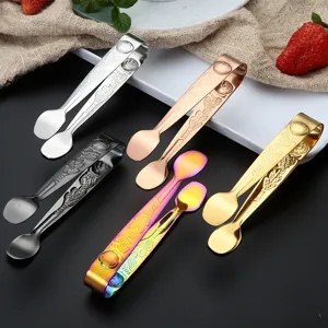 Stainless steel sugar tongs with vintage rose pattern, colorful ice and lemon clip.