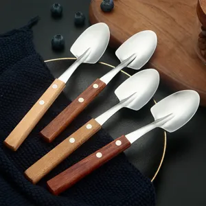 Stainless steel shovel spoons with wood handle set of four for dessert and ice cream.
