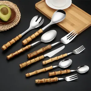 304 Stainless Steel Tableware Natural Bamboo Handle Steak Knife Fork Spoon Dessert Cutlery Set Kitchen Dining