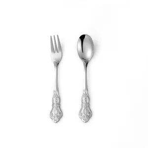 Stainless steel vintage court style coffee spoon and fruit fork set with embossed handle.