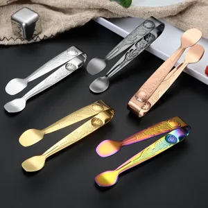 Stainless steel ice tongs set, retro rose pattern sugar cube clips for bar and kitchen use.