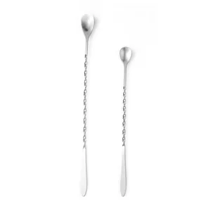 Stainless steel long handle bar spoon for cocktail mixing, coffee stirring, and bar use.