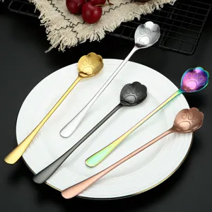 Stainless steel cat claw long handle spoon coffee stirring dessert spoon multi colors
