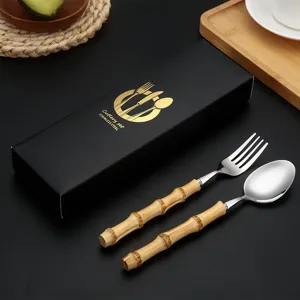 Stainless steel cutlery set with natural bamboo handle fork and spoon in gift box main view