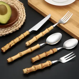 Stainless steel flatware set with bamboo handle knife fork spoon kitchen tableware