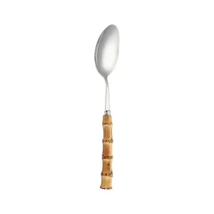 Stainless steel spoon with a realistic bamboo handle for dessert and dining.