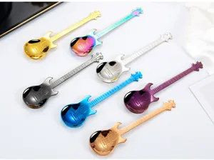 Detailed view of creative guitar shaped 304 stainless steel coffee stirring spoons in multi colors