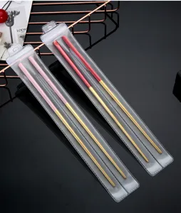 Stainless steel chopsticks metal non-slip square household tableware pink gold 2 pairs